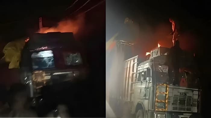 عیدالاضحیٰ سے قبل ہندوتو تنظیموں کی غنڈہ گردی،پولیس کی موجودگی میں ٹرک میں آگ لگادی